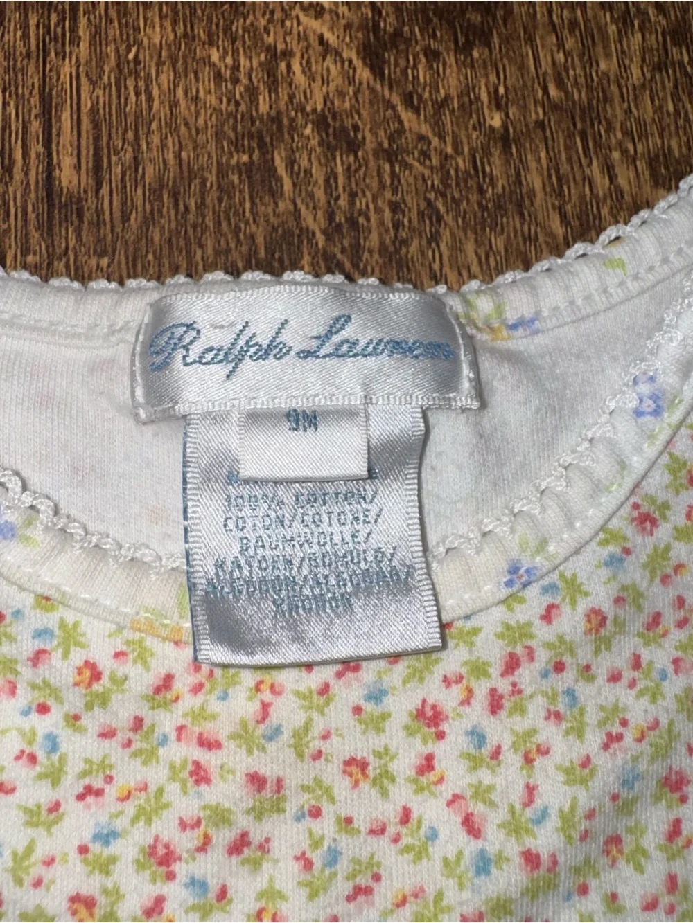 Ralph Lauren White Floral Baby Romper with Pink, Blue & Green Sprigs 9M